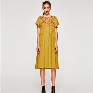 Zara Mustard Yellow Embroidered Midi Dress